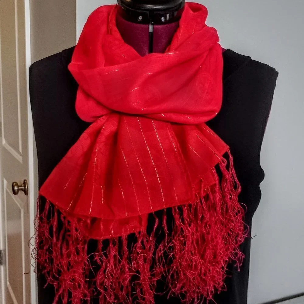 Red Oblong Fringed Metallic Scarf/Wrap